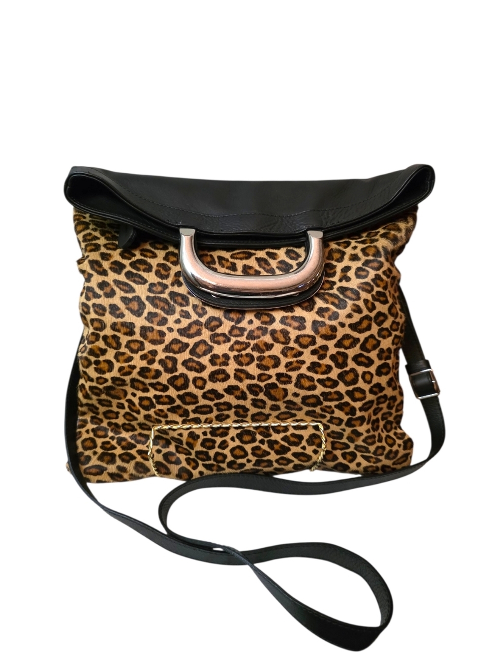 Vintage Maurizio Taiuti Leopard Horsehair Leather Clutch Crossbody Silver Handle